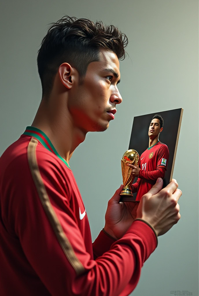 Cristiano watching a picture of him with the world cup
