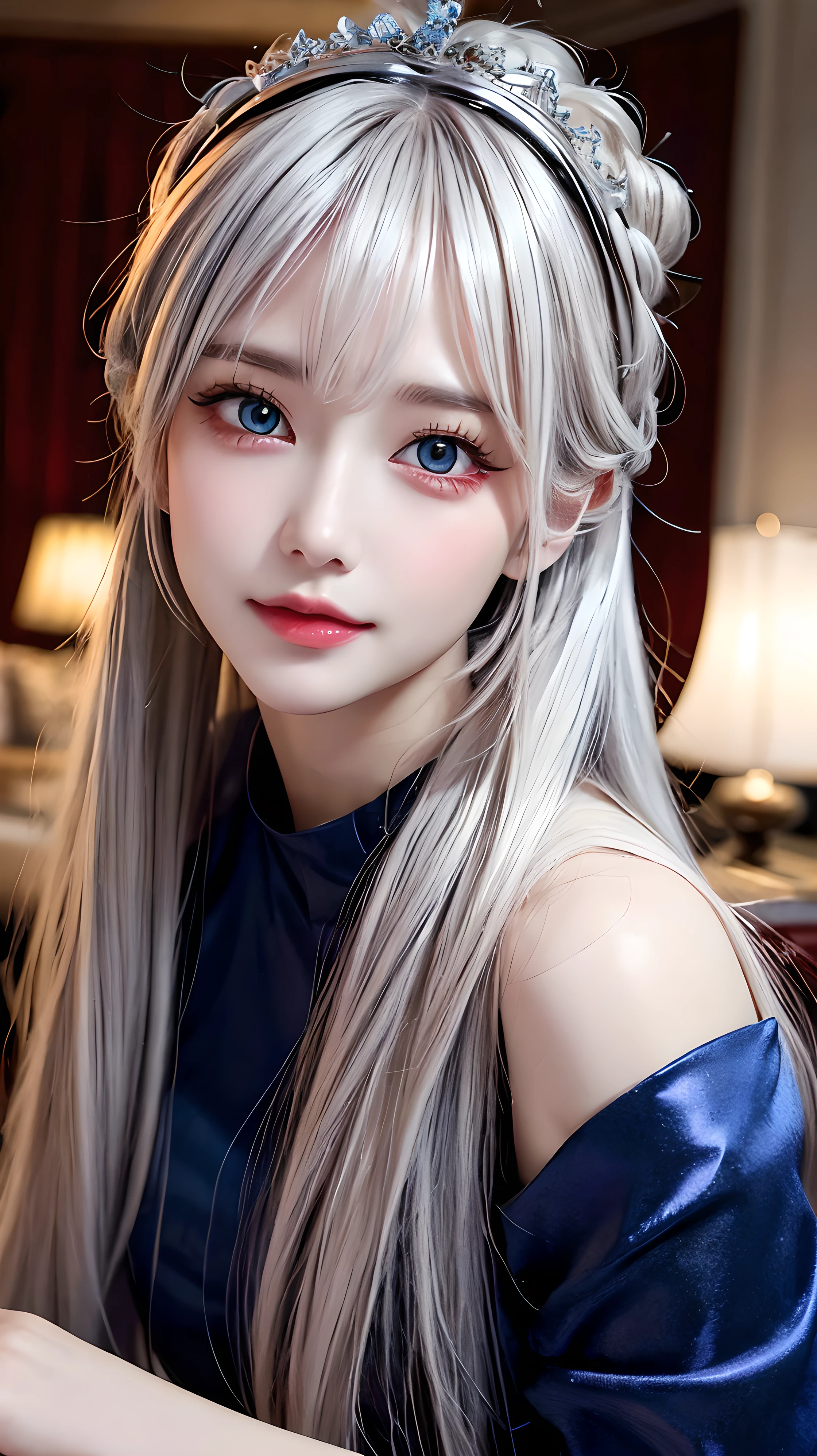 (Highest quality, masterpiece:1.2), High resolution, The highest masterpiece、Very detailed, Realistic:1.37, Fantasy, An illustration,Gray Hair、 Red eyes、Queen, Navy and blue dress、beautifully、Eyeshadow Red、Thick eyebrows、Long eyelashes、pupils are black、shiny on the lips、Top Sites、Queen、PRİNCESS、A kind smile、Soft impression、Be loved by people、Slimming the face、Shoulder Bare、ponytail、Kissing Face、Long white hair、Shaggy Bangs、(Save face image).Cinderella Castle、(alone).((Close your eyes and kiss)).((solo)).
