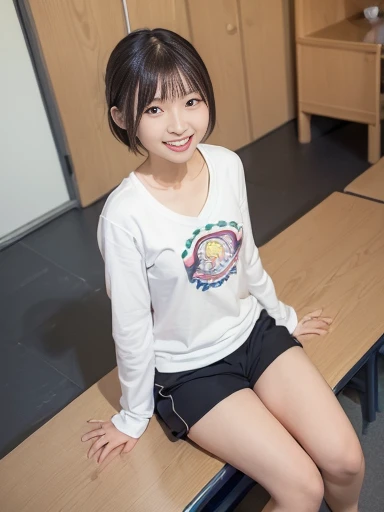 Japanese female, (underweight), (flat chest best quality:1.5), 30-year-old, (cheerful grin:1.5),
kindergarten, (daycare worker), delightful, sitting, short hair, (long-sleeved t-shirt), (Seven length shorts), Japanese, inside the kindergarten, full body shot, dutch angle shot