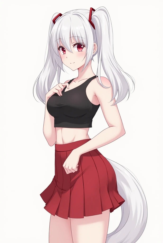 dino_\(dinoartforame\), 1girl, Gyarus, solo, long white hair, twintails, red eyes, pleated skirt, crop top, medium breasts, busty, curvy, Simple background l,