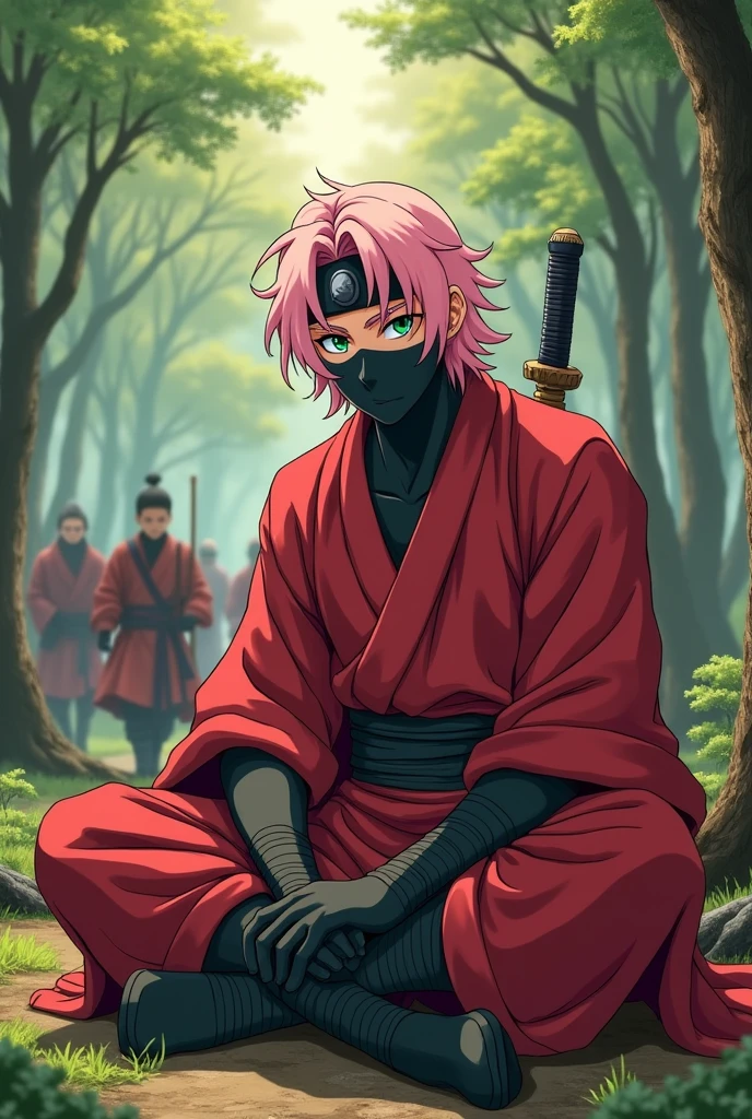 a ninja man, without mask, green eyes, pink hair, wavy hair, smiling, red tunic, holding a sword, sitting, in a temple, in the forest, at noon, sunshine, warriors training in the background, retro anime