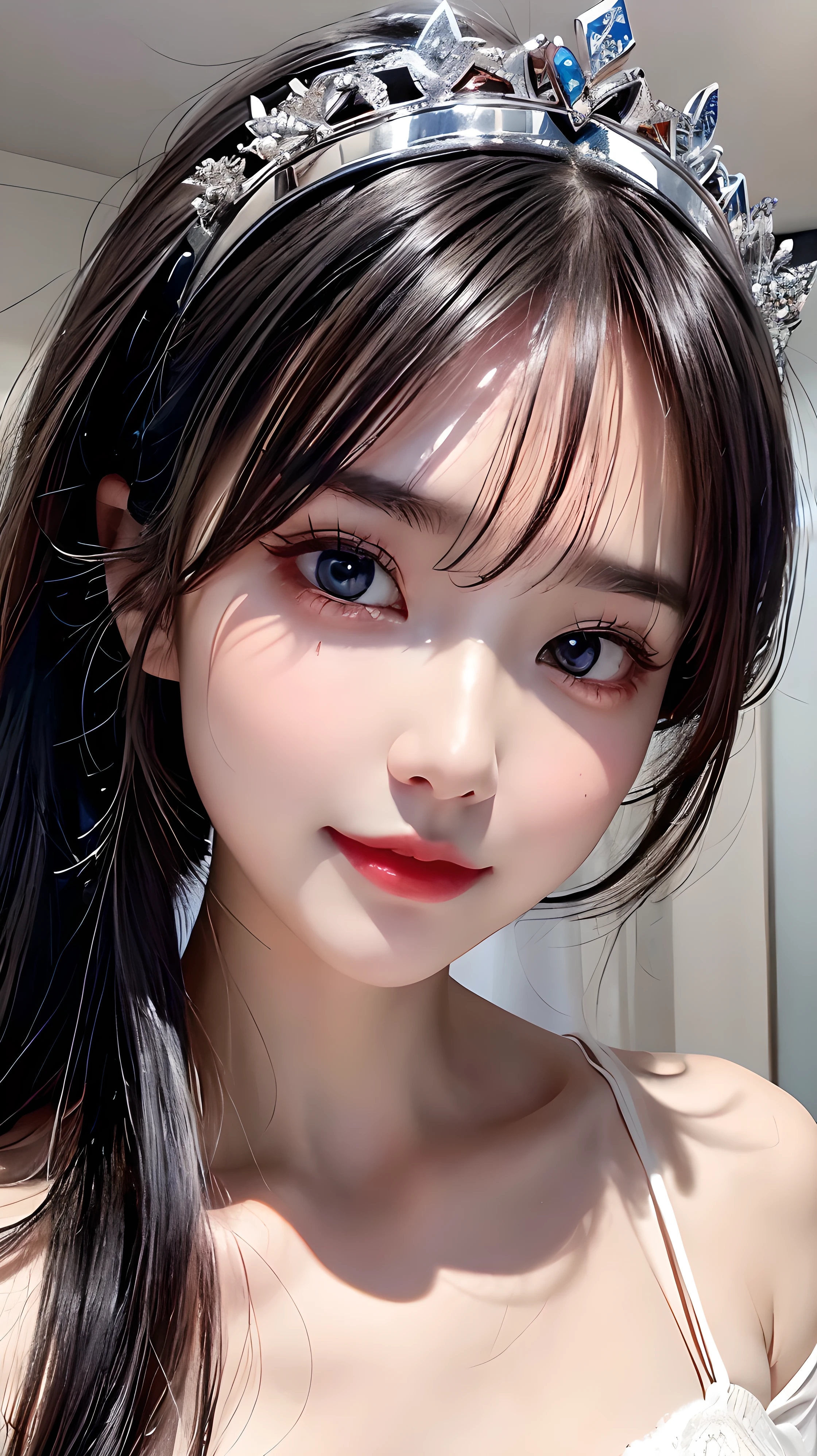 (Highest quality, masterpiece:1.2), High resolution, The highest masterpiece、Very detailed, Realistic:1.37, Fantasy, An illustration,Gray Hair、 Red eyes、Queen, Navy and blue dress、beautifully、Eyeshadow Red、Thick eyebrows、Long eyelashes、pupils are black、shiny on the lips、Top Sites、Queen、PRİNCESS、A kind smile、Soft impression、Be loved by people、Slimming the face、Shoulder Bare、ponytail、Kissing Face、Long white hair、Shaggy Bangs、(Save face image).Cinderella Castle、(alone).((Close your eyes and kiss)).((solo)).
