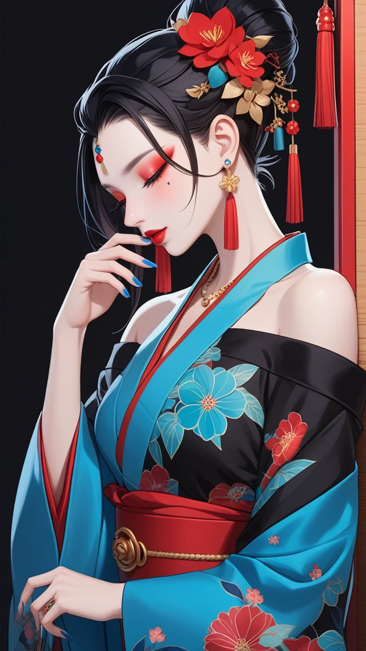 XUER poster art,1girl,solo,breasts,black hair,hair ornament,long sleeves,bare shoulders,jewelry,closed mouth,open eyes,upper body,sidelocks,earrings,japanese clothes,hand up,hair flower,wide sleeves,kimono,necklace,off shoulder,nail polish,fingernails,toilet,profile,facial mark,ring,lipstick,black background,tassel,pale skin,eyeshadow,blue nails,long fingernails,beans,blue flower,shawl,forehead mark,nose,sharp fingernails,red lips,eyeliner,arm tattoo,shoulder tattoo,hair pulled back,mascara,udo,