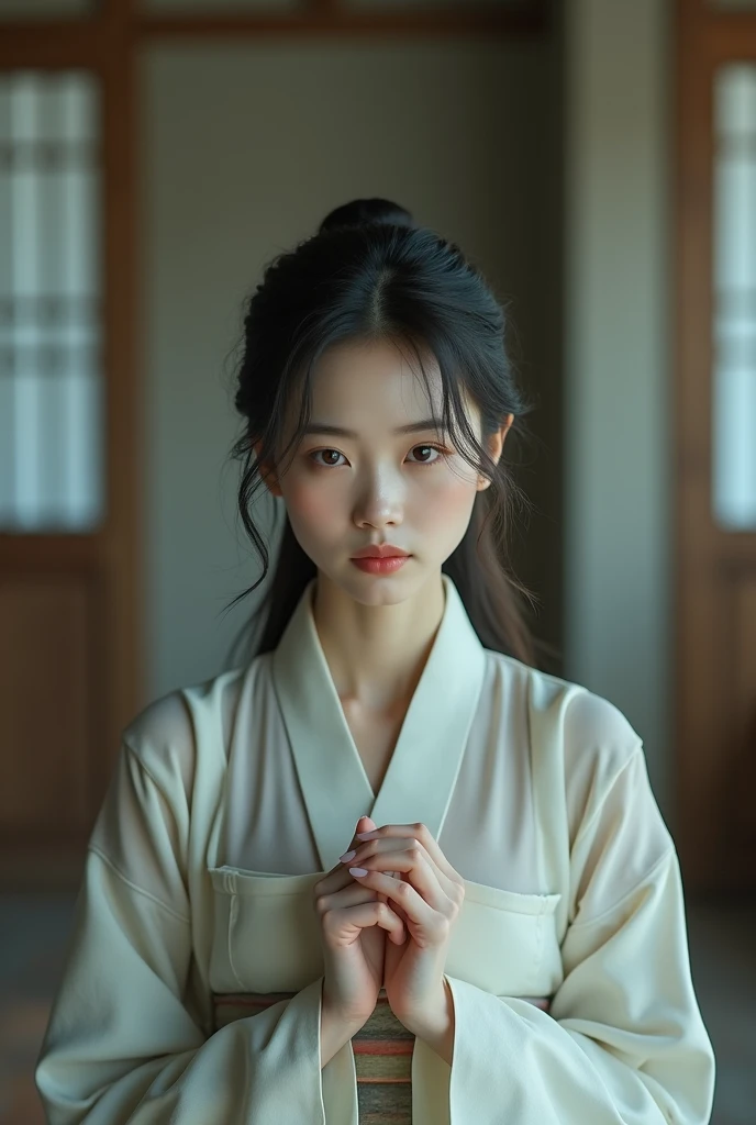 Korean-style beauty holding in pee