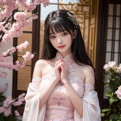 best quality, Delicate face，beautiful visual work, lifelike,  eternity, black hair, Long curly hair, blunt bangs, Smile, Detailed Background,  Delicate face，pink blush，cold，((masterpiece))、(top quality)、8k、high detail、Super detailed，21 years old female，Wearing Chinese cheongsam、Seductive and whimsical style、masterpiece、born、Scenes resembling fairy tale illustrations、Intricate details and complex designs、Beautifully、magic、capricious、 Beautifully、Dream aesthetics、「𝓡𝓸𝓶𝓪𝓷𝓽𝓲𝓬、ethereal、charming、fickle、magic」、Realism、Visual effects、FXAA、SSAO、Shaders、voiceless、ambient lighting、Tone mapping、High resolution、Ultra high quality、Million pixels、(8K resolution:1.10)、8k、Below 8K、8K resolution、high detail、intricate details， (high quality:1.2、masterpiece:1.2、:1.21)、(21 years old female:1.21)、(Smile excitedly)、(Surrounded by the dreamy atmosphere、Model diagram，full-body shot，Normal 2 feet，Don't show your fingers