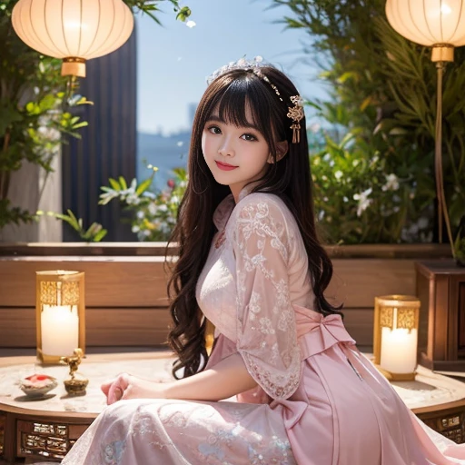 best quality, Delicate face,beautiful visual work, lifelike, eternity, black hair, Long curly hair, blunt bangs, Smile, Detailed Background, Delicate face,pink blush,cold,((masterpiece))、(top quality)、8k、high detail、Super detailed,21 years old female,Wearing Chinese cheongsam、Seductive and whimsical style、masterpiece、born、Scenes resembling fairy tale illustrations、Intricate details and complex designs、Beautifully、magic、capricious、 Beautifully、Dream aesthetics、「𝓡𝓸𝓶𝓪𝓷𝓽𝓲𝓬、ethereal、charming、le、magic」、Realism、Visual effects、FXAA、SSAO、Shaders、voiceless、ambient lighting、Tone mapping、High resolution、Ultra high quality、Million pixels、(8K resolution:1.10)、8k、Below 8K、8K resolution、high detail、intricate details, (high quality:1.2、masterpiece:1.2、:1.21)、(21 years old female:1.21)、(Smile excitedly)、(Surrounded by the dreamy atmosphere、Model diagram,full-body shot,Normal 2 feet,Don't show your fingers