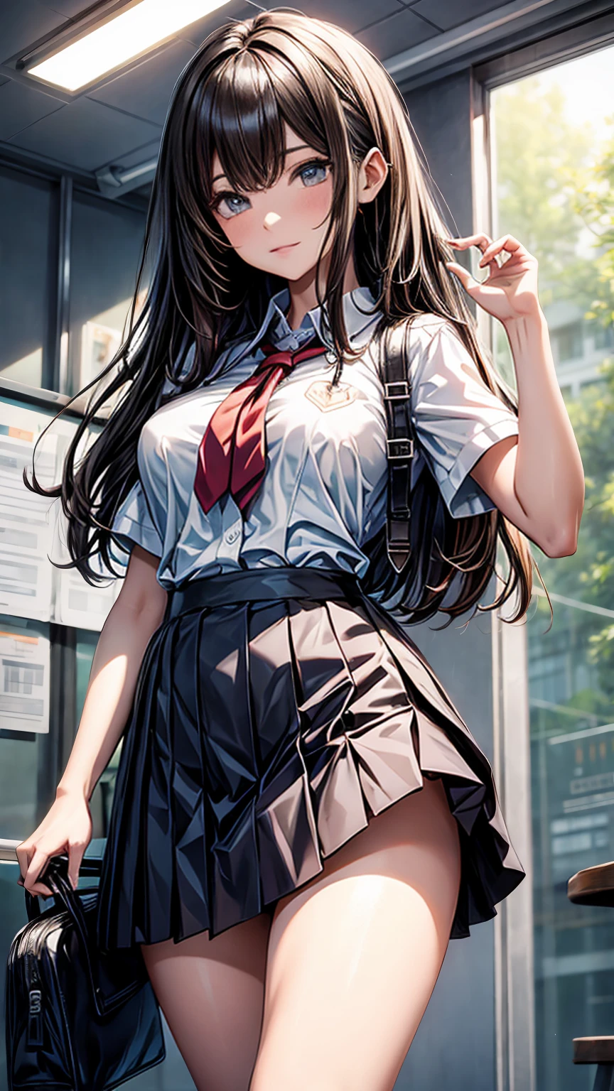 1 schoolgirl, strong and dominant personality, standing confidently, sexy and curvy body, front view, wearing a modified school uniform with a short skirt and tight blouse, long wavy hair, intense and assertive expression, indoor setting, dim lighting, highly detailed, high quality, anime style, masterpiece