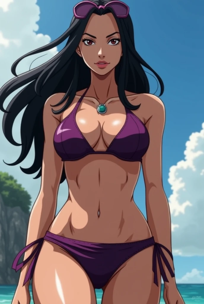 Boa Hancock from One Piece but she has a really huge chest With bikini In dark purple and make her look more like Boa Hancock 