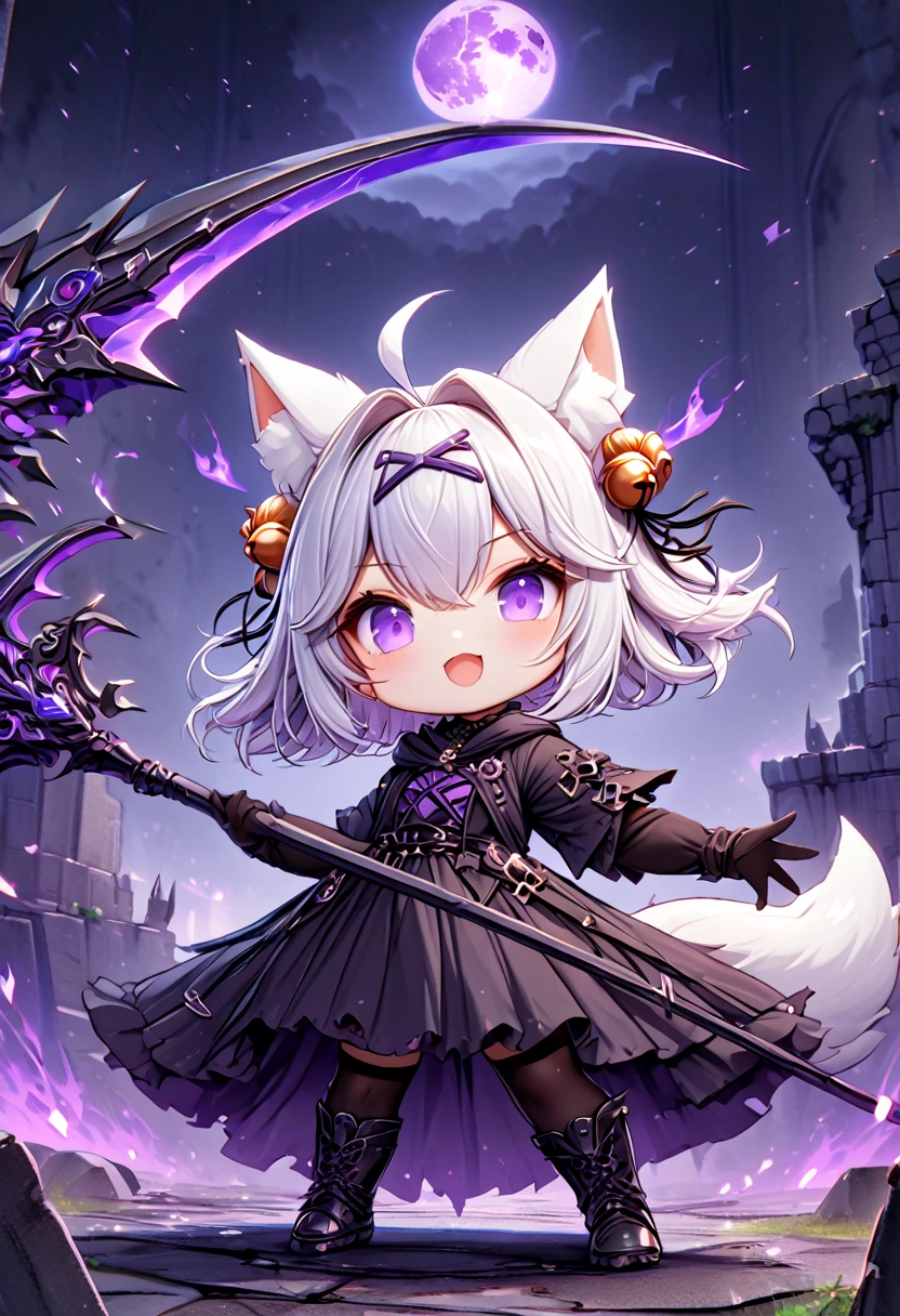 master piece, best quality, ultra-detailed, illustration, midnight, battlefield, gloomy atmosphere, broken castle, broken walls, ruins, purple flames, purple moon,  1girl, solo, chibi, (big head), cute pose, front view, looking at viewer, ((full body Close up)), chubby, fat, filian, filianoverall, Filiansailor, ((white hair)) , short hair, shoulder length hair, fly-away hair, bangs, hairclip, purple hair ornament, cat ears, (hair bell:1.3) ahoge, purple eyes, open mouth, smiling, (white fluffy fox tail), (black tattered robe), long gown, black arm sleeves, black gloves, wielding scythe, black stockings, black boots