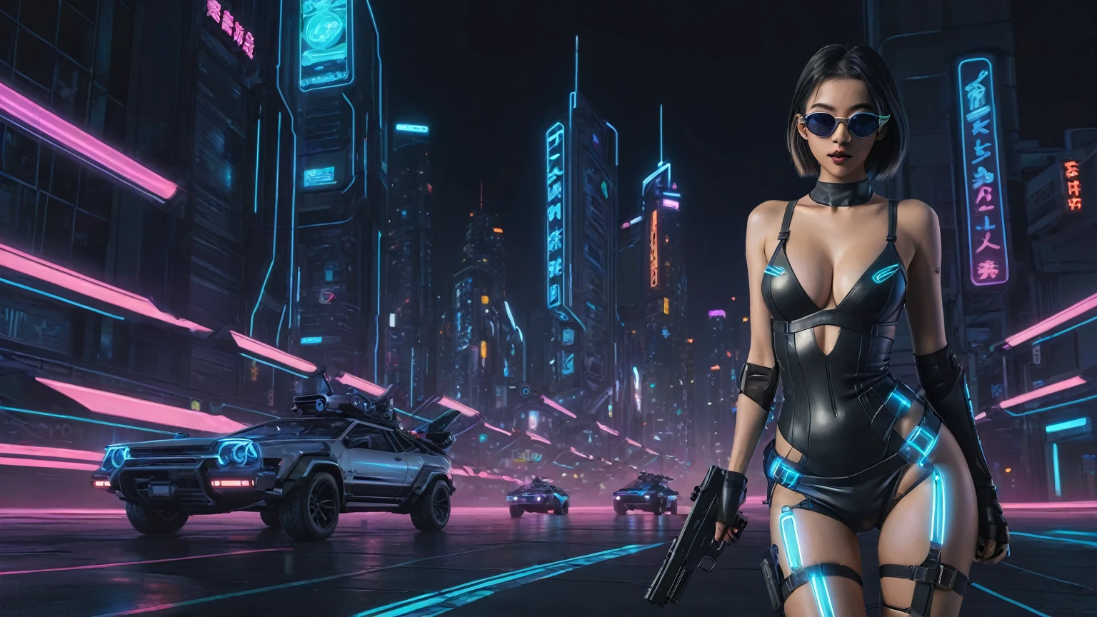 At night, simple outlined cyberpunk city, flying cars, line art background. (1girl, solo), photo realistic, medium-breast:1.3 slim body, cleavage, sling top, miniskirt, black sunglasses, holding a short gun, half-body thigh level medium shot, cinematic lighting, ray tracing.