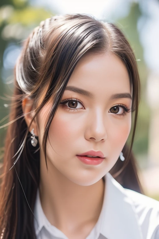 8k, masterpiece, original photo, best quality, Reality, Extremely detailed CG Unity 8K wallpaper, Depth of Field, Movie Lighting, lens flare, Ray Tracing, (Extremely beautiful face, Beautiful lips, beautiful eyes), Intricately detailed face, ((Ultra-delicate skin), Beautiful 1 girl best quality photos， Ultra-high resolution， （Realistically：1.4），Cute hairpin，1 girl，Red long hair,{{Twintail hair Style}},((white short-sleeved shirt and a short black A-line skirt}} ，Beautiful slim woman:1.4, on the island,Super thin face，Exquisite eyes，double eyelids.