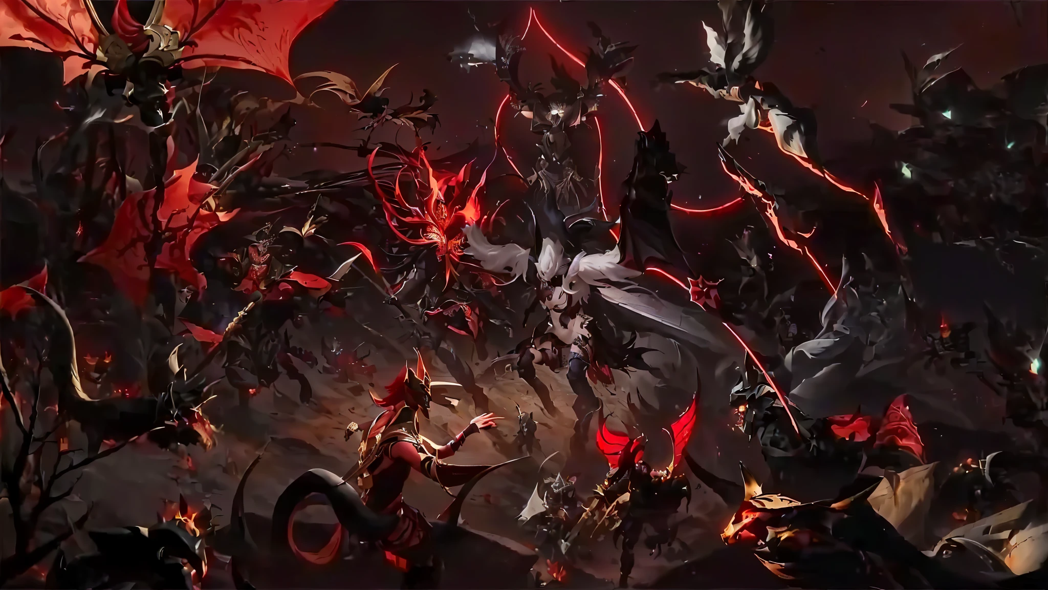 There are many different types of demonic creatures in this image, by Lisa Nankivil, the final battle in hell, infernal art in good quality, Onmyoji detailed art, Background Air Battle, background of hell, omen of valorant, dota 2 concept art, valve promotional art, pyre, death and robots two in the void, Onmyoji