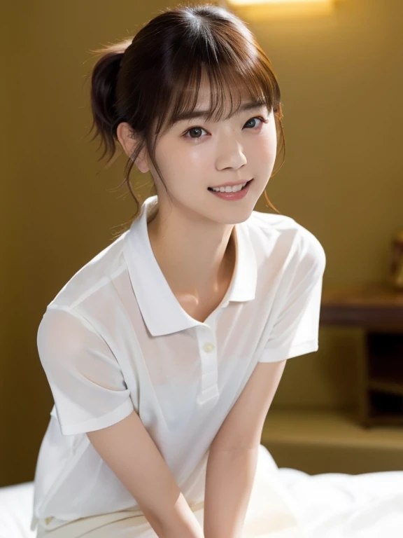 (Masterpiece, Best quality: 1.4), (Ultra realistic, Photo-realistic: 1.2), Full body, (kneeling: 1.3), Looking at viewer, Natural light, 25 years old actress, Japanese women, (arms behind back: 1.2), Neat and clean, (White sexy tennis uniform, White short-sleeve polo shirt with collar:1.2), (unbutton:1.3), (Short ponytail: 1.2), Short wavy hair, Light brown hair color, (Beautiful Face), Oval face, clear, (Beautiful eyes, Kind eyes), (Clear skin), Small face, (Small mouth, Beautiful mouth), Natural makeup, Approachable, Luxury hotel Suite room, On bed, (nsfw:1.1), Seductive smile, Seductive pose, Beautiful thighs, Bedroom eyes,