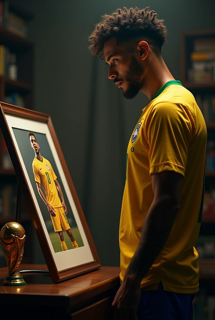 Neymar watching a picture of him with the World Cup