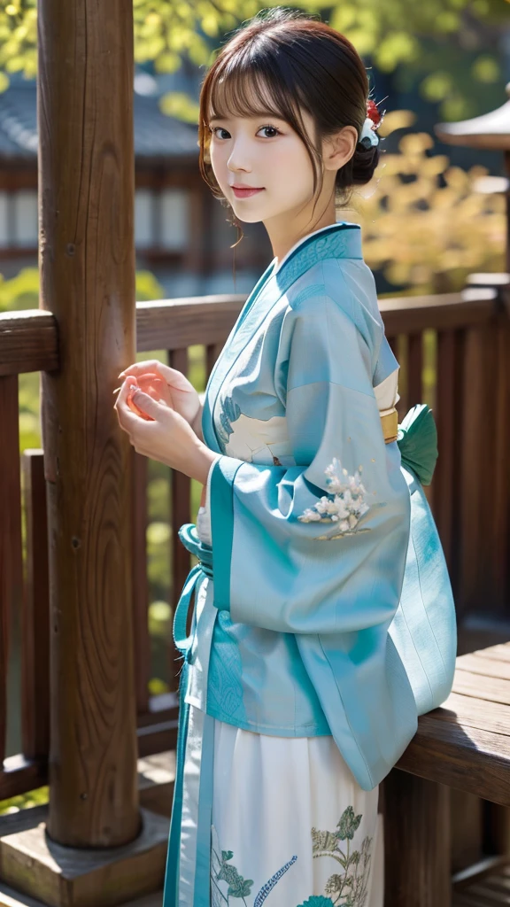 1girl, solo, from above, (white lily flowers), aesthetic, intricate, best quality, detailed background, Sayaka Miki, ((girl wearing a patterned teal kimono:1.2)), (walking in zen garden), casual pose, detailed textures, posing, floral print, hair flower, hair ornament, japanese clothes, kimono, obi, outdoors, pagoda, petals, (teal kimono), sash, shrine, sky, stone stairs, torii, wide sleeves, yukata