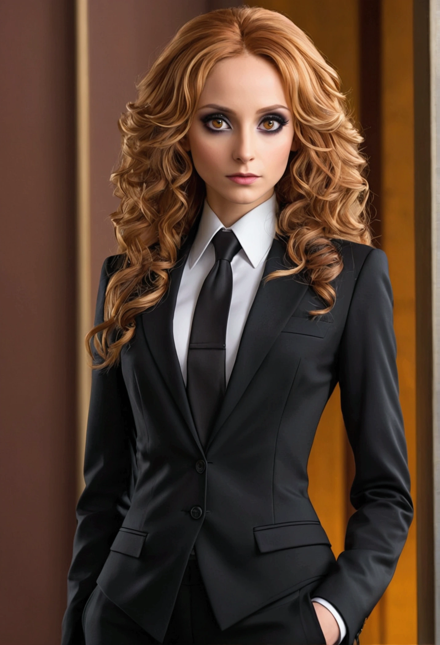Adagio dazzle as Andrei Stoica female with black suit and black necktie with Dark brown eyes height 1.91