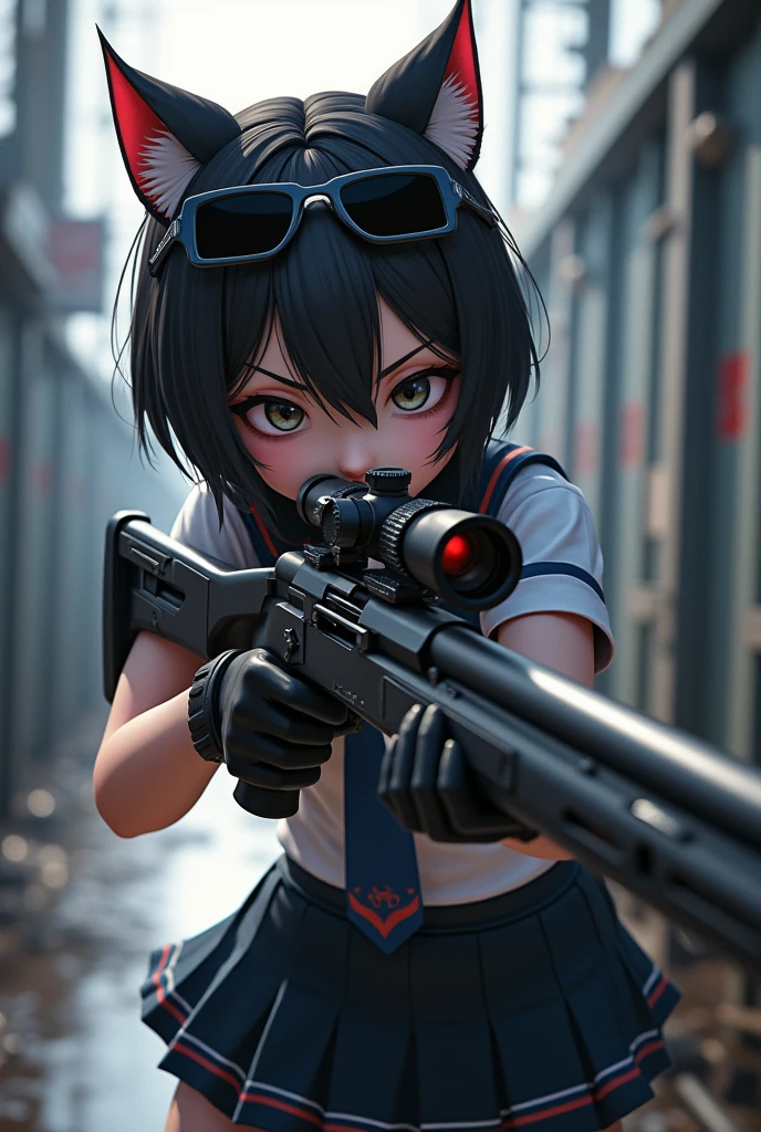 Cat Cat耳 黒Cat Girl Sailor suit Sniperライフル sunglasses cute Sniper Lori