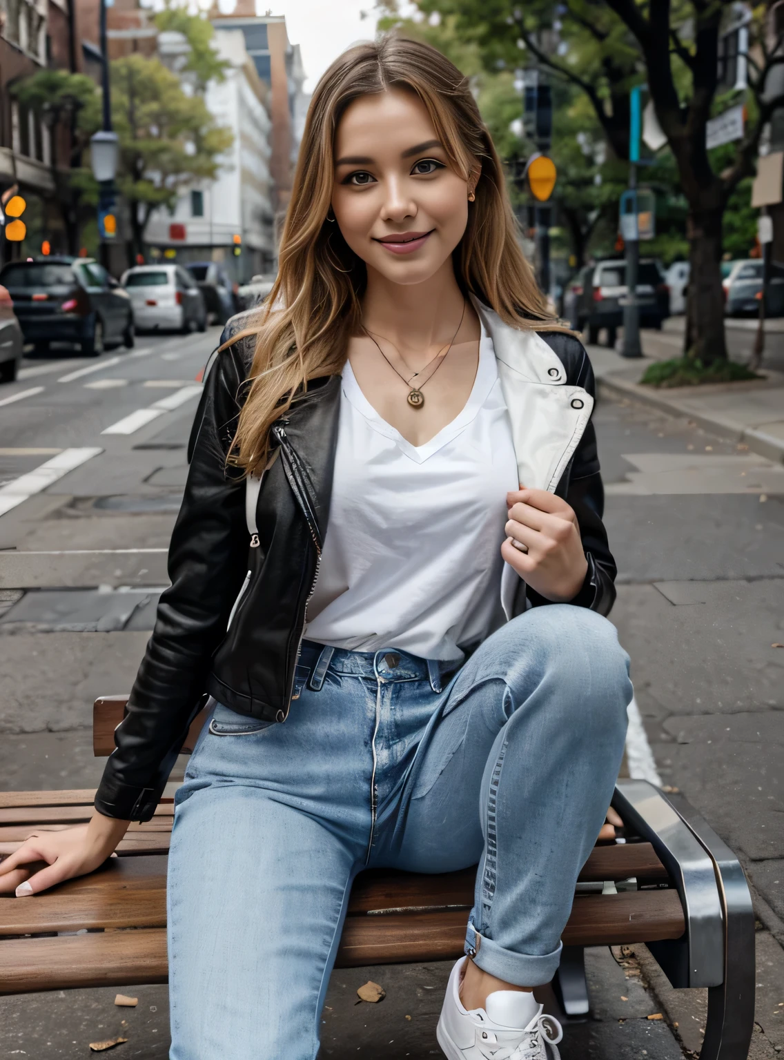 High resolution, 8k wallpaper, Beautiful Caucasian Woman、Full body photo、,Leather jacket、 sitting on a park bench、shirt、Skinny jeans、sneakers、、Necklace around the neck、 blonde 、ウェーブのかかった髪、ear piercing、smile、Beautiful teeth alignment、
