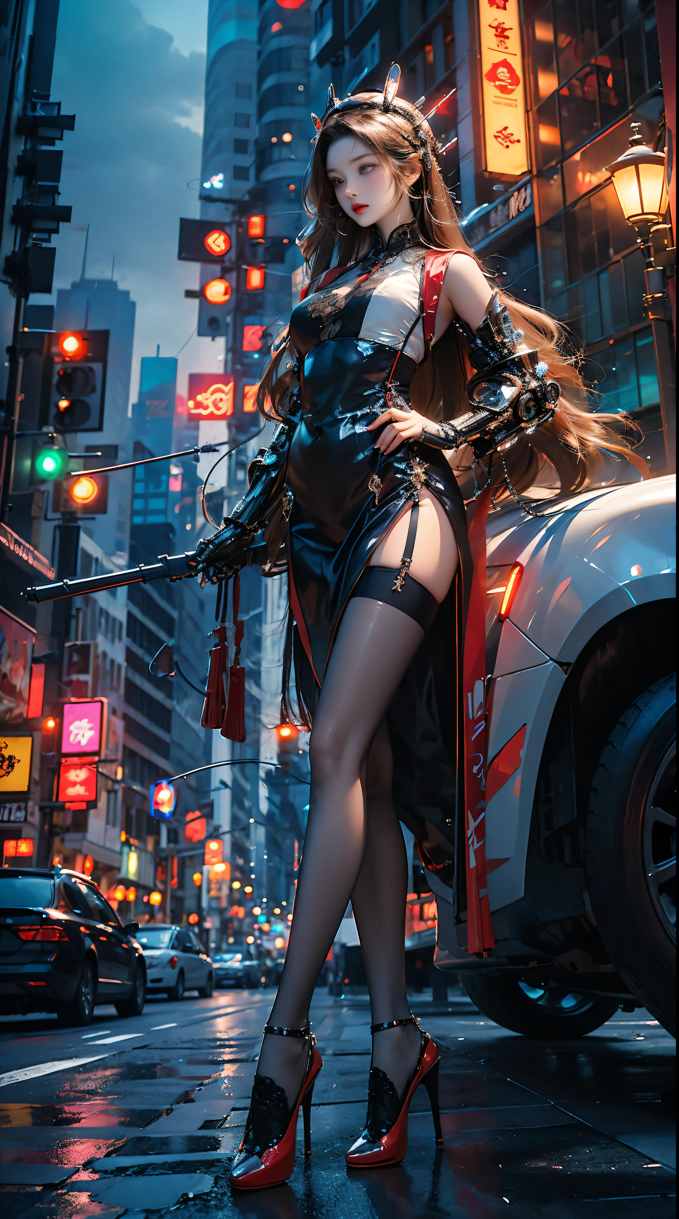 Masterpiece, best quality, high resolution, one woman, from below, very thin and straight legs, very long legs, straight legs, high heels, long legs, perfect body with perfect legs, front view showing long legs, perfect body, exterior, telegraph slang, dynamic pose, exquisite eyes, brown eyes, eye shadow, wearing makeup, long blonde hair, detailed face, detailed eyes, looking at viewer, blusher (wearing makeup), plump lips, red lips, long gray hair (1.3), mechanically static, summon mech, headdress (1.1), headgear, dressed like a student in , black lace stockings, stocking suspenders, city, luminous winding, with a gun in hand, weapon, completely mechanical and futuristic elements, technology, background is modern New York City streets with cars passing by, sky, slim (1.2), dramatic lighting, vivid details.