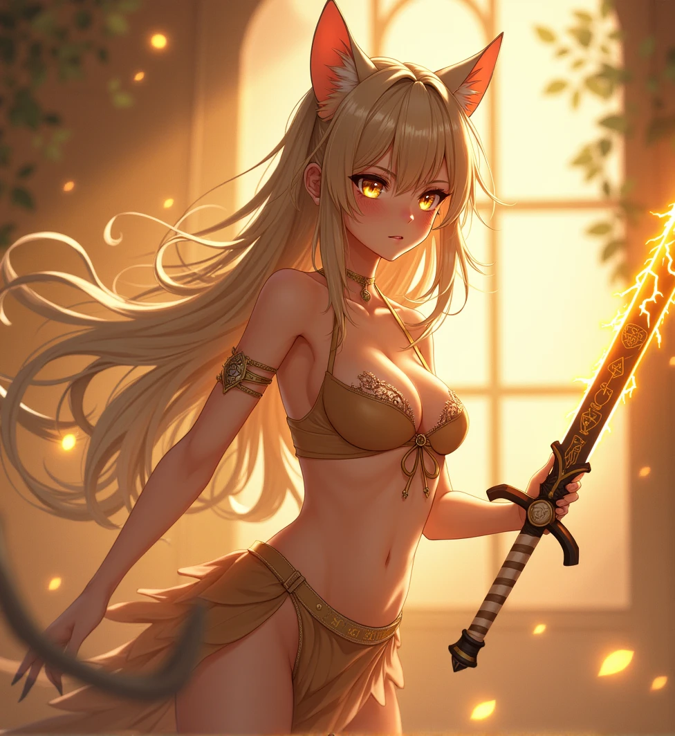 A cat girl in anime style, holding a sword in one hand. She is very pretty and sexy. The lighting is soft, highlighting her facial features.. A honey-colored aura surrounds her, Lightning and magical ruins come from his sword. Wear revealing top.