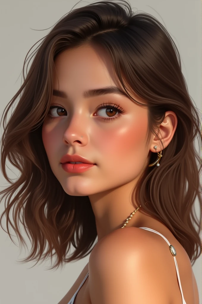 20 year old woman with medium tanned white skin, light brown eyes, shoulder length brown hair, small and voluptuous nose
