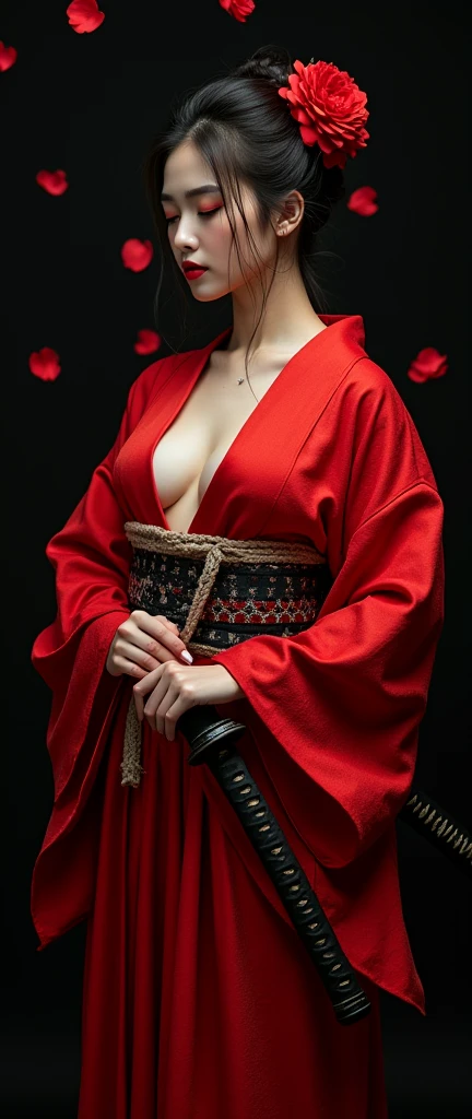 beautiful japanese woman with big breasts in revealing red kimono and katana, autumn, on black background, red rose petals falling