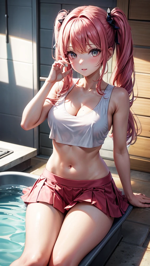 (masterpiece, highest quality, ultra high res, ultra detailed:1.3), 1 cute girl, pink medium hair, half twin-tail, red tank top, clothes covered nipples, bare stomach, black pleated mini skirt, (sitting on toilet seat, holding yellow water in a glass:1,4), opened toilet lid, downed toilet seat, looking at viewer, holding out the glass in her hand to the viewer, white panties around one leg,