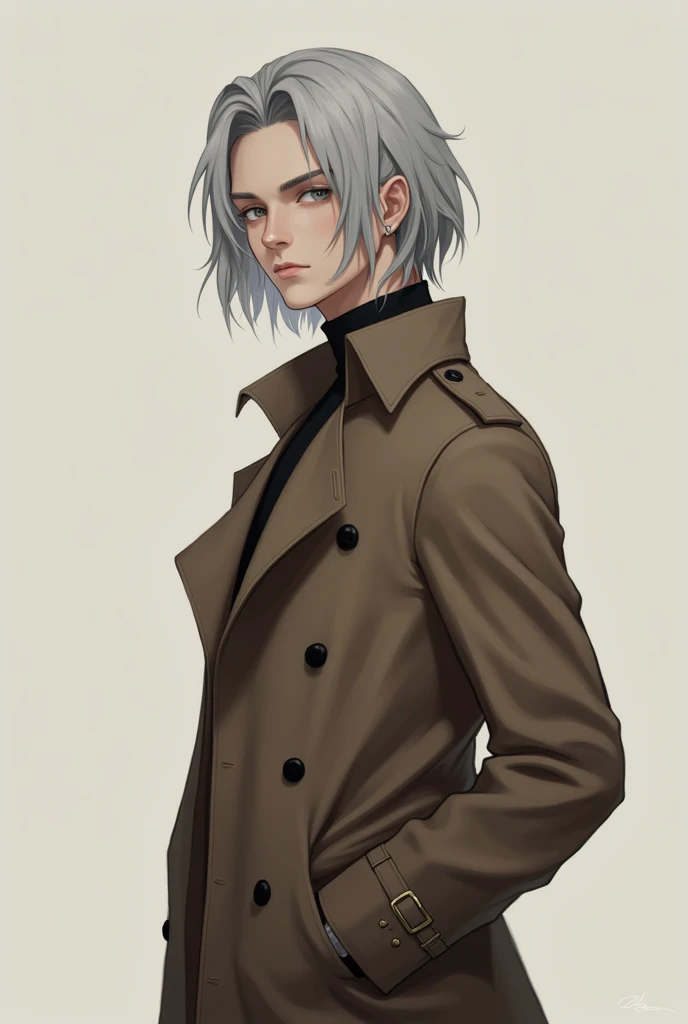 1 young man with not too long silver hair, and brown trench coat.