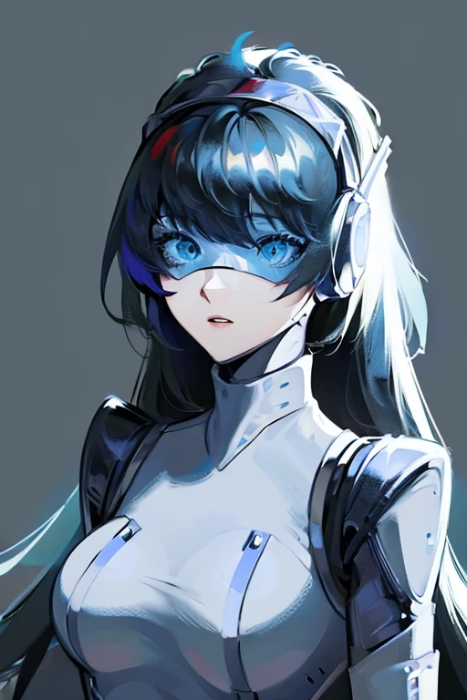 empty eyes,robotized woman ,big bust,Robot Joint ,Metal skin,Black Suit,long hair,a suit that covers the whole body,aegis(persona3)