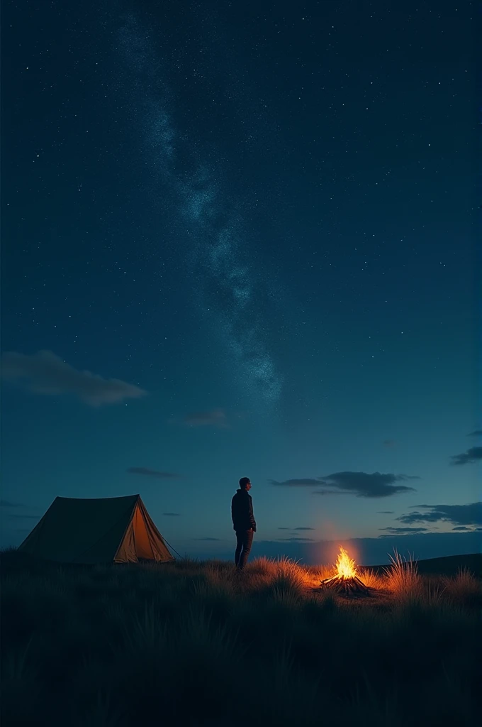 Imgae of a distant man looking at the night sky on a grassfield with a camp fire and tent on the side 