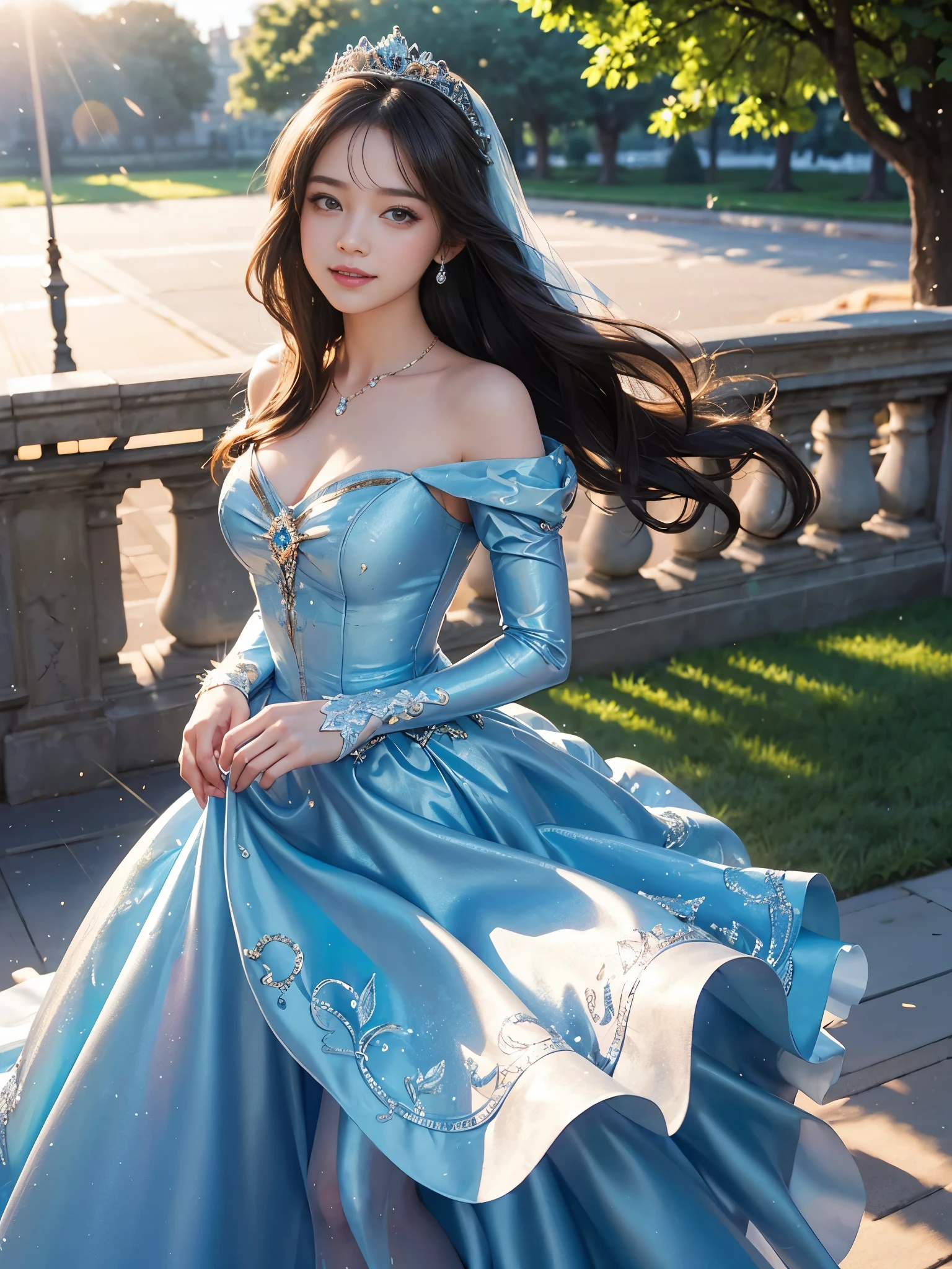 best quality, masterpiece, 1 girl, Very pretty, Disney's Cinderella, long hair, A huge laugh, cute teen, shiny lips, sweet, sun glare, Conservative attire, Blue dress, Bridal Tiara, depth of field, blurred background, Ballroom background, light particles, strong wind, head tilt
