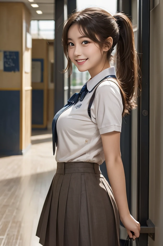 (School corridor, School uniforms, high school girl), One girl, Big Breasts, smile, ponytail, Brown Hair