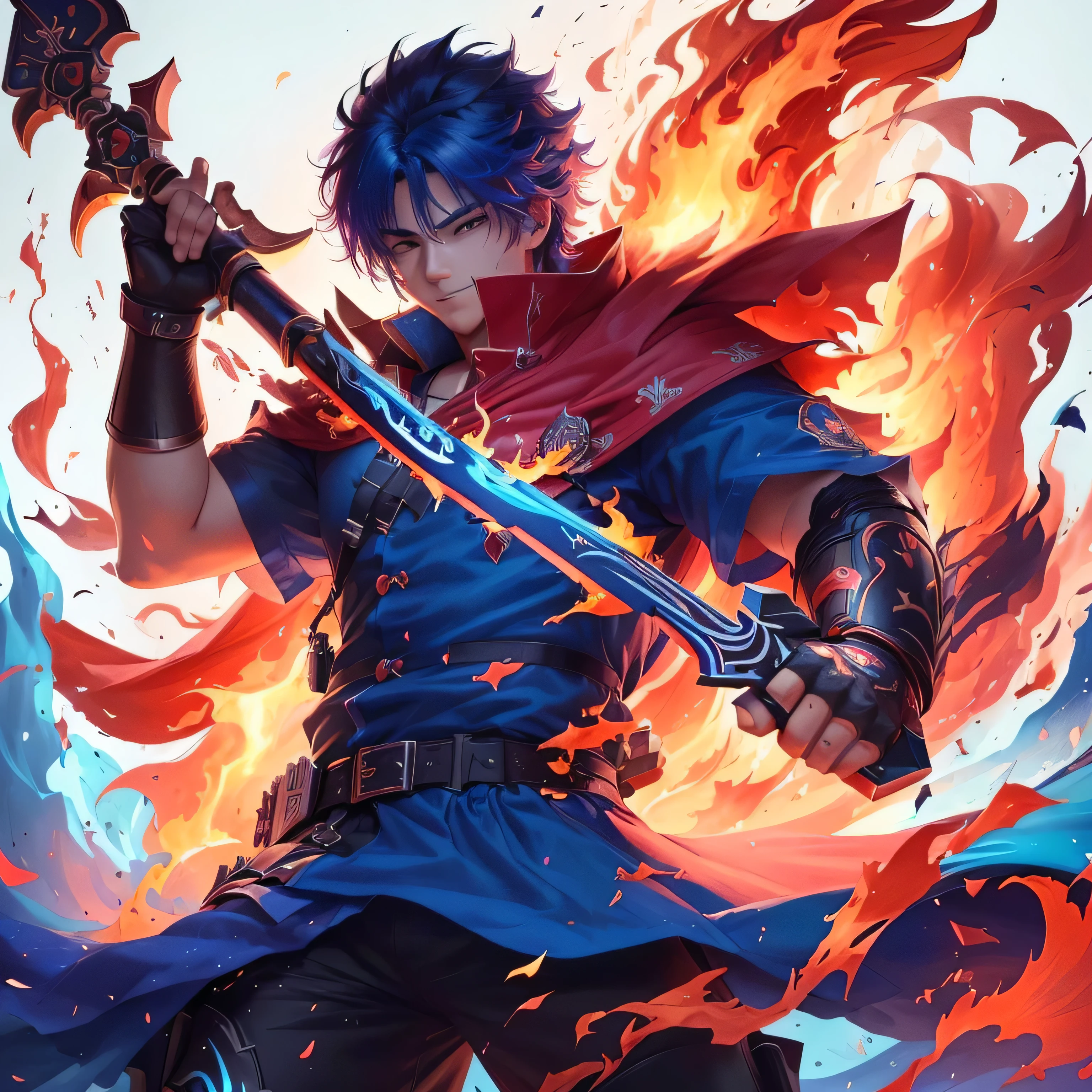 cheered up, cheered up boy, fire, espada de fire azul en su vaina, fire rojo, fire azul, fireman, badass cheered up 8 k, fire!! Whole body, manga wallpaper 4k, cheered up art wallpaper 8 k, fire behind him, héroe 2 d fanart artstation, cheered up epic artwork, cheered up art wallpaper 4k, cheered up art wallpaper 4 k, cheered up wallaper, epic cheered up style, 4k cheered up wallpaper, Anime Wallpaper, combat, Posture, Posture de combat, face, face de anime