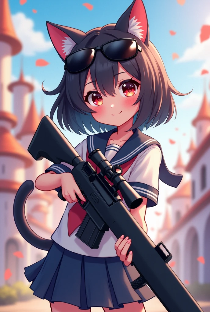 Cat Cat耳 黒Cat Girl Sailor suit Sniperライフル sunglasses cute Sniper Lori Disney-ish