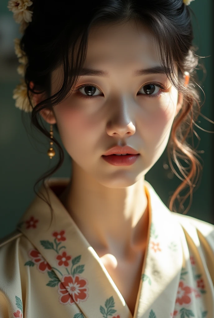 An elegantly dressed Japanese woman in natural light、A close-up of her chest and calm expression.、It shows her inner peace and outer charm.。