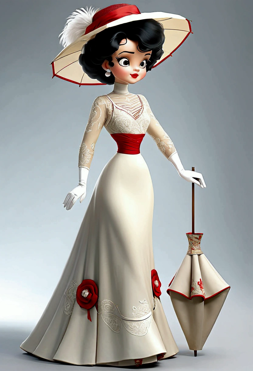 Betty Boop as a gorgeous stylish 14yo brunette teenage Gibson Girl wearing her bridal gown. Year 1906. Edwardian high-neck long sleeve dress. Ornate wide-brimmed picture hat with a veiled front fully topped with flowers, ribbons and feathers. Gloves in both hands. Sash tied around her waist. Floor-length skirt. Boots. 40-20-40 hourglass figure. Large bubble butt. Big blue eyes, pouty red lips. Full body. Delicately holding on a parasol with one hand 