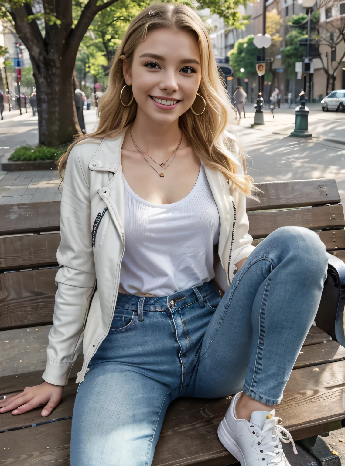 High resolution, 8k wallpaper, Beautiful Caucasian Woman、Full body photo、,Leather jacket、 sitting on a park bench、shirt、Skinny jeans、sneakers、、Necklace around the neck、 blonde 、ウェーブのかかった髪、ear piercing、smile、Beautiful teeth alignment、