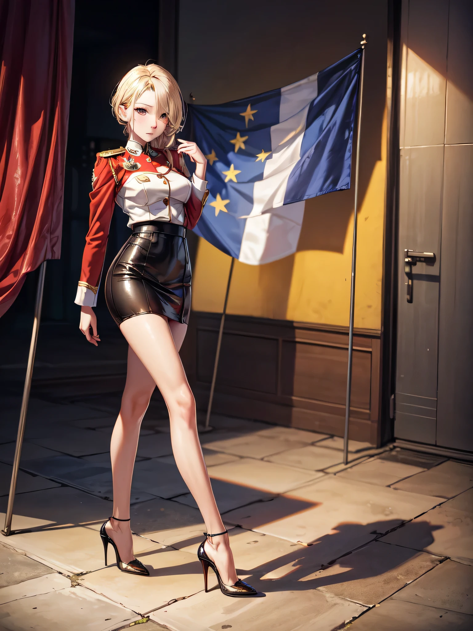 (masterpiece),Highest quality,masterpiece,Detailed Images,European flags,alone,20-year-old,Beautiful Face,Upper Body,Hair on one eye,Medium Sidecut, Blonde, Sharp focus,Black and red uniform,Tight Skirt,(High heels:1.5),