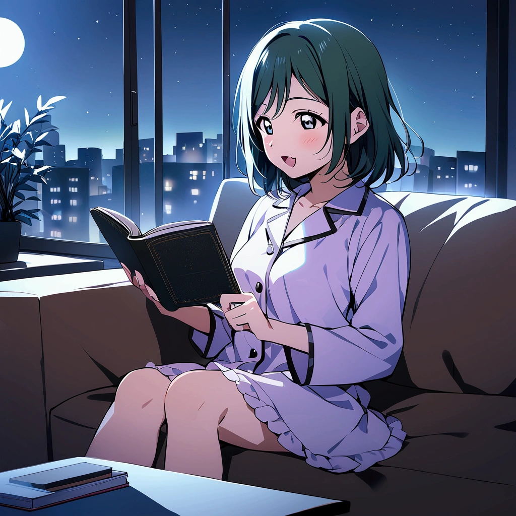 Living room background, night time, Shioriko Mifune, love live nijigasaki, pajamas, short hair, 1girl, dark hair, shining hair, 1 fang, sitting, reading a book,