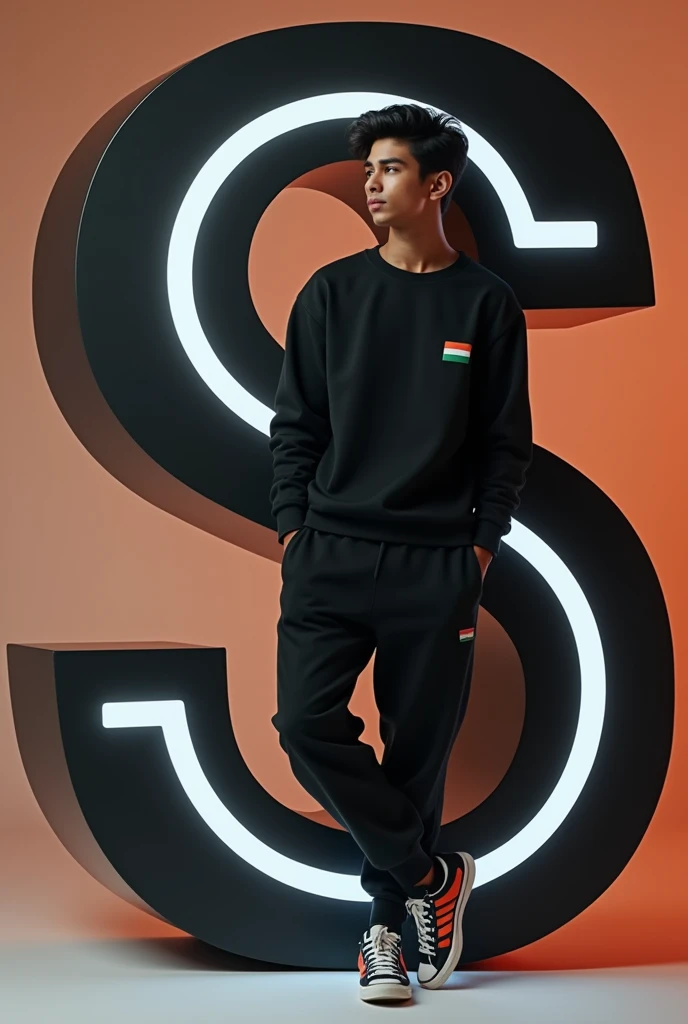The real Indian 16-year-old boy with black hair is wearing a casual outfit including a black tricolor sweatshirt, jogger pants and sneakers. The man is leaning on a large bright tricolor letter ‘S’, which is black with white accents. The overall color scheme is minimal, focusing on the colors of the tricolor. The scene has a modern and clean aesthetic, with soft darks and subtle shadows.”