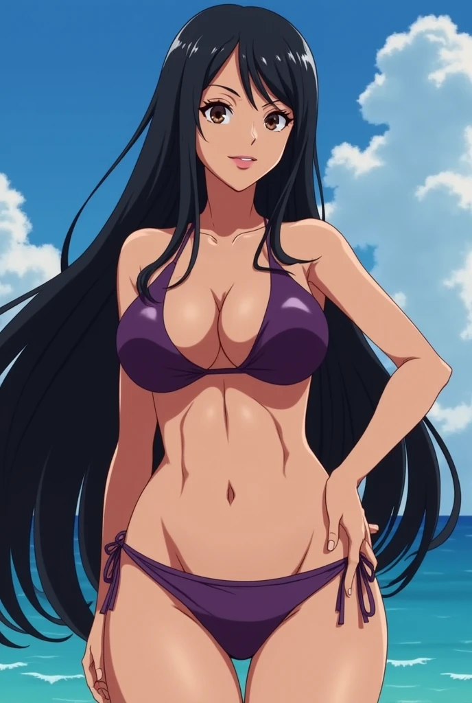 Boa Hancock from One Piece but she has a really huge chest With bikini In dark purple and make her look more like Boa Hancock In the anime Giant chest Giant chest Giant chest