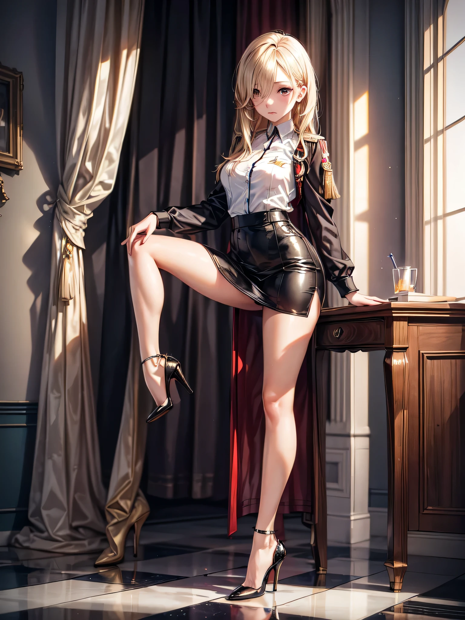 (masterpiece),Highest quality,masterpiece,Detailed Images,European flags,alone,20-year-old,Beautiful Face,Upper Body,Hair on one eye,Medium Sidecut, Blonde, Sharp focus,Black and red uniform,Tight Skirt,(High heels:1.5),