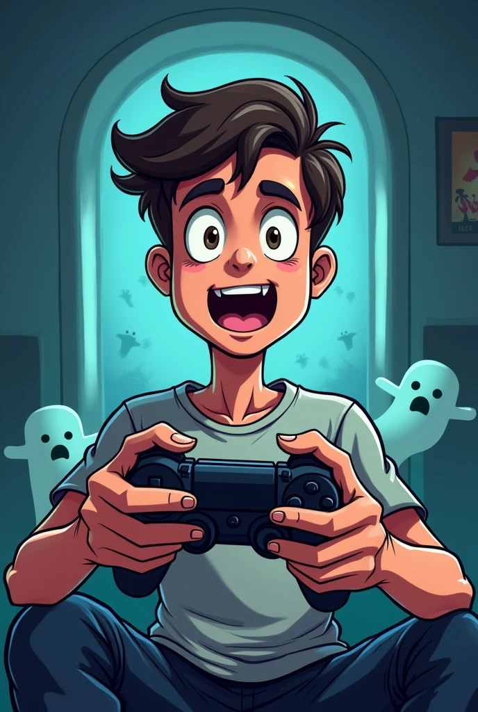 Guy holding a controller playing phasmophobia cartoon