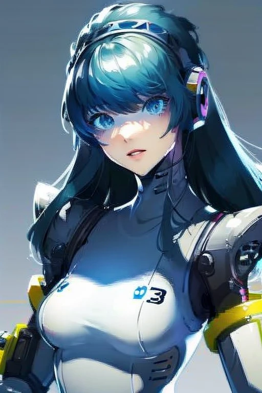 empty eyes,robotized woman ,big bust,Robot Joint ,Metal skin,Black Suit,long hair,a suit that covers the whole body,aegis(persona3)