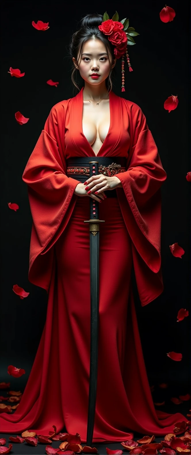 beautiful japanese woman with big breasts in revealing red kimono and katana, autumn, on black background, red rose petals falling