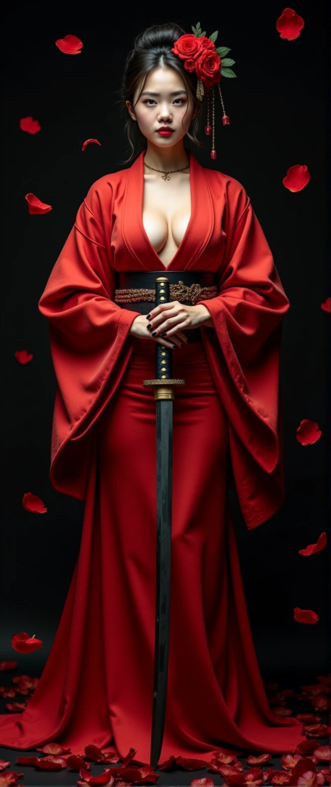 beautiful japanese woman with big breasts in revealing red kimono and katana, autumn, on black background, red rose petals falling