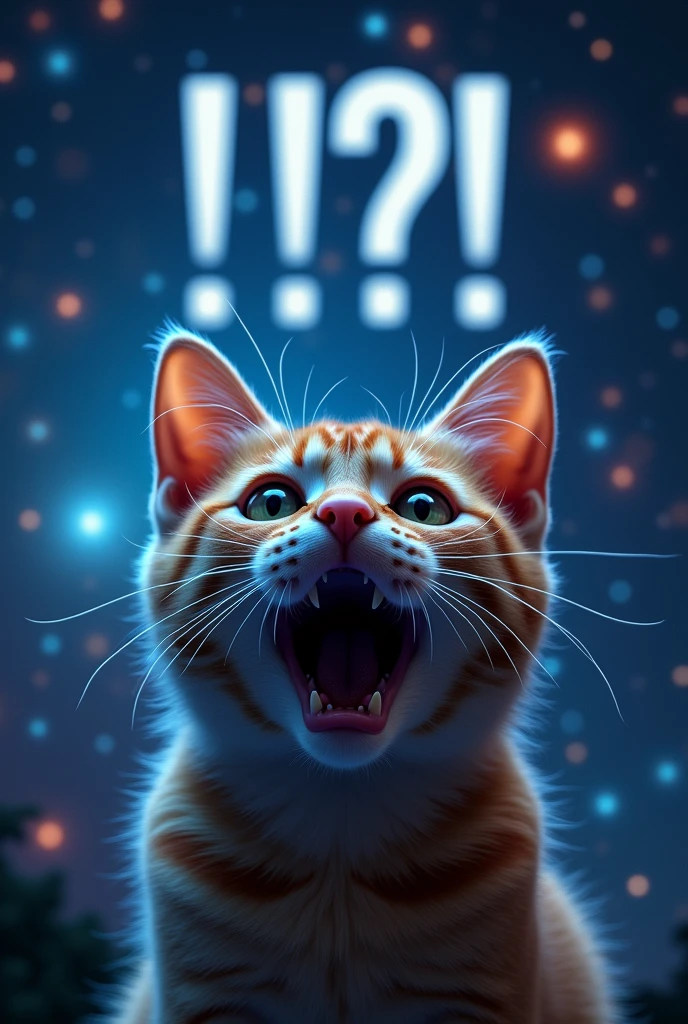 Close-up of a startled cat, outer space in the background (stars and galaxies shining beautifully), space cat, large "!?" on the screen is written in large letters on the screen,