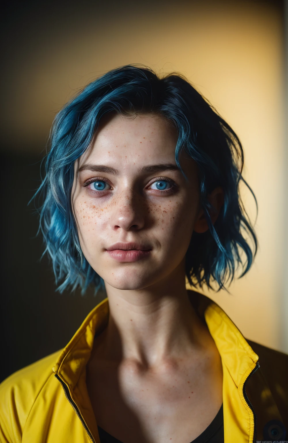 (close-up, editorial photograph of a 21 year old woman), (highly detailed face:1.4) (smile:0.7) (background inside dark, moody, private study:1.3) POV, by lee jeffries, nikon d850, film stock photograph ,4 kodak portra 400 ,camera f1.6 lens ,rich colors, hyper realistic ,lifelike texture, dramatic lighting , cinestill 800, wavy hair, messy hair, short hair, Mischievous smirk, Blue hair, Blue eyes, freckles, white skin, black shirt, yellow jacket from cyberpunk 2077, european woman, european skin, european expression, Athletic, masterpiece, Astral Plane