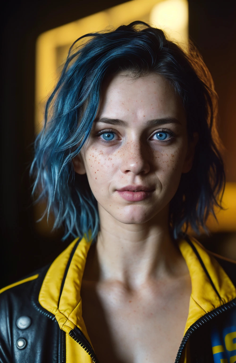 (close-up, editorial photograph of a 21 year old woman), (highly detailed face:1.4) (smile:0.7) (background inside dark, moody, private study:1.3) POV, by lee jeffries, nikon d850, film stock photograph ,4 kodak portra 400 ,camera f1.6 lens ,rich colors, hyper realistic ,lifelike texture, dramatic lighting , cinestill 800, wavy hair, messy hair, short hair, Mischievous smirk, Blue hair, Blue eyes, freckles, white skin, black shirt, yellow jacket from cyberpunk 2077, european woman, european skin, european expression, Athletic, masterpiece, Astral Plane