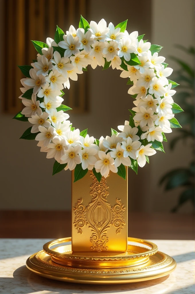A realistic image, A very beautiful Thai jasmine garland on the tall golden tray.